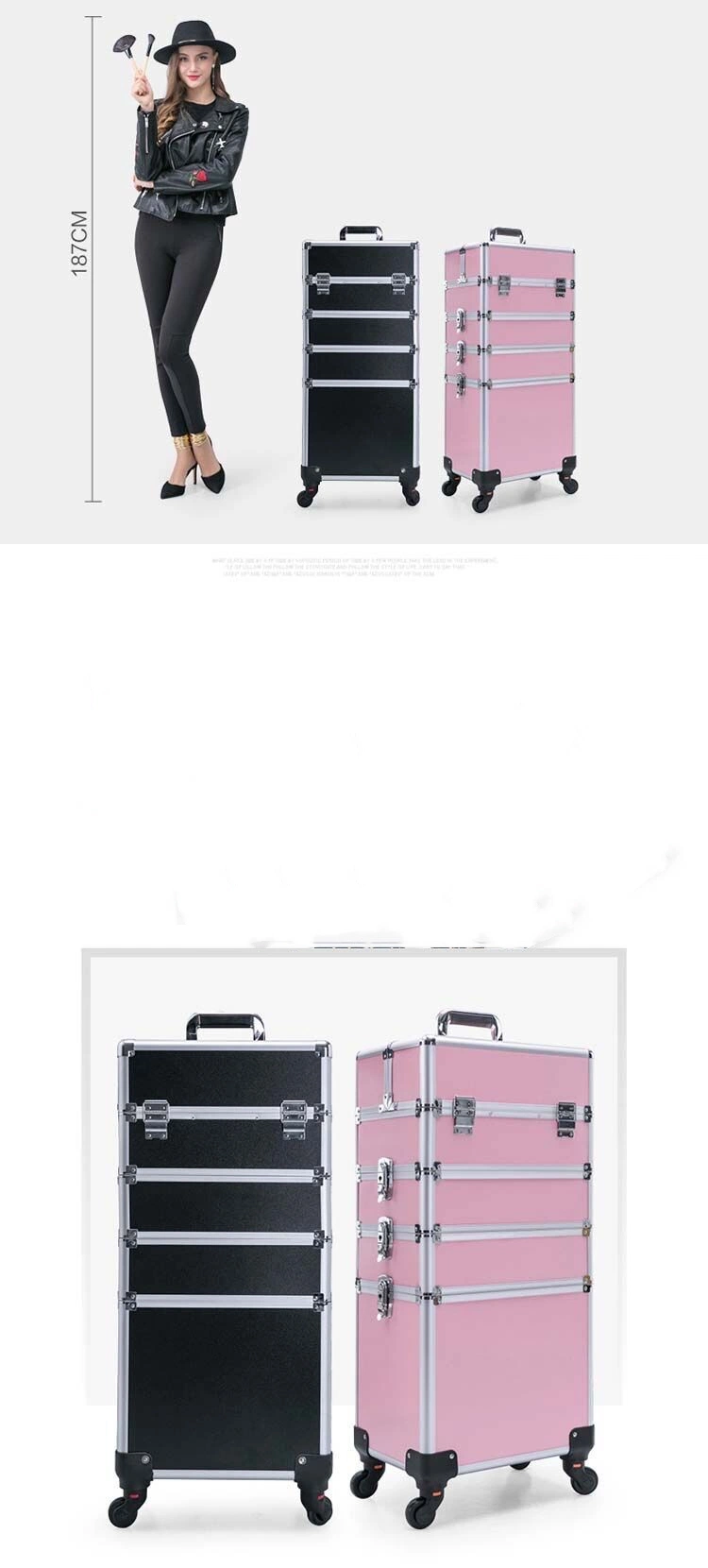 Professional Aluminum Cosmetic Box with Wheels Trolley Cosmetic Case