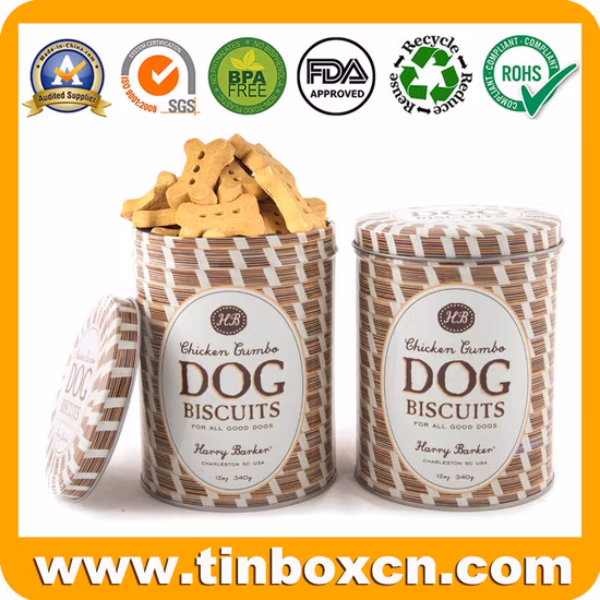 Latas vazias de alimentos para animais de estimação de metal redondo para biscoitos de cachorro